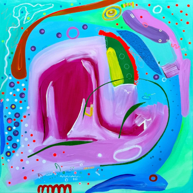 Barbie, Fleur i klubik literacki na kocu za blokiem… - 2025, Akryl, pastele olejne, ink, 60x60 cm